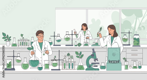 Scientists in a laboratory setting examine plants and conduct experiments with various equipment.