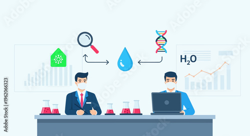 Two men analyze data and experiment with water in a lab setting.
