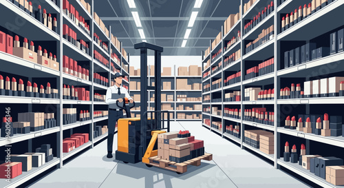 Forklift operator moving boxes on pallet in large warehouse aisle with shelves