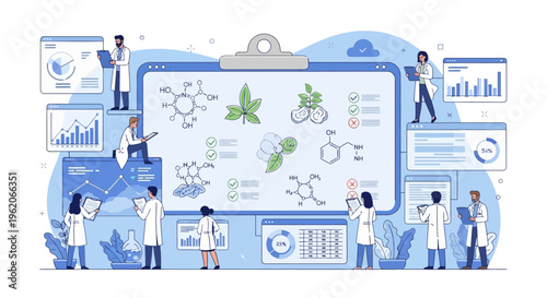 Scientists in lab coats analyze and discuss cannabis molecular structures on a large clipboard surrounded by graphs and charts in a laboratory setting.