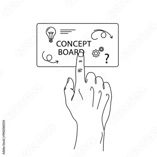 A hand interacting with a concept board vector graphic, featuring a lightbulb, gears, and question mark
