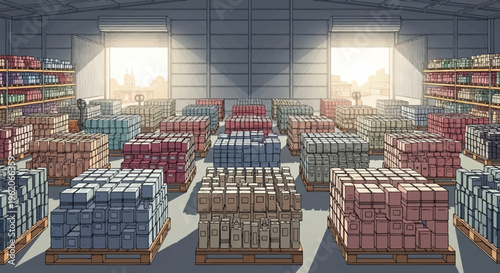 A large warehouse filled with stacks of various colorful boxes on pallets.
