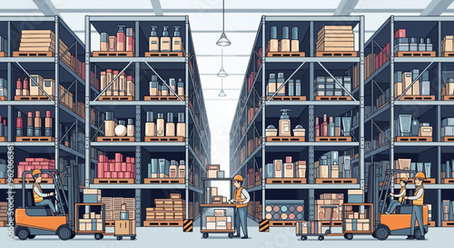 Workers operate forklifts efficiently moving boxes on pallets in a large warehouse