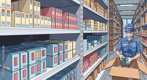 Worker in a warehouse storing boxes on shelves with inventory