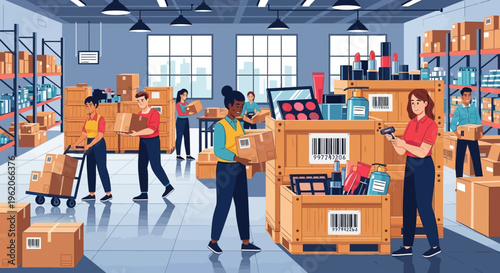 Workers efficiently packing and organizing boxes in a busy warehouse facility with shelves.