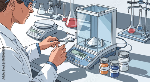 Scientist carefully measures substance on digital scale in laboratory setting with various equipment and containers nearby.