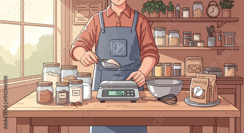 A person in an apron measures ingredients on a kitchen scale at a wooden table.