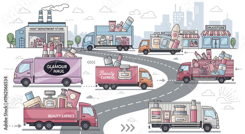 Trucks loaded with goods drive through a city road network.