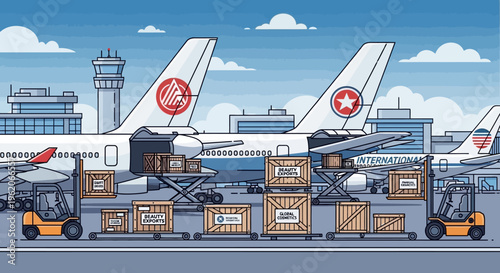Airplanes are loading cargo containers at a busy airport with forklifts