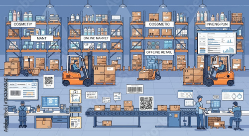 Workers operate forklifts and computers in a busy warehouse loading boxes.