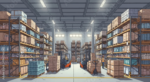 A forklift operates in a large warehouse filled with stacked boxes and shelves.