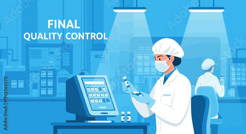 A scientist in a lab coat checks a product on a digital screen during final quality control.