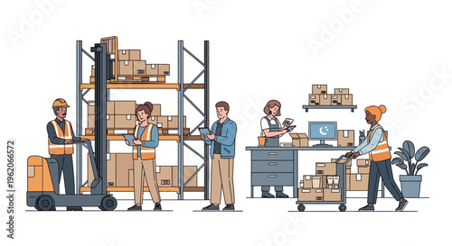 Workers unload boxes from warehouse shelves to forklift and office desk