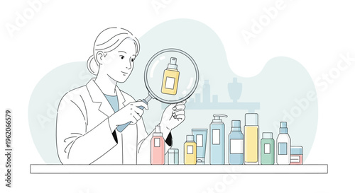 A scientist examines a bottle with a magnifying glass in a laboratory setting with various bottles and equipment.