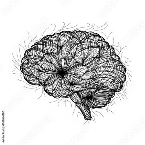 A black and white line art illustration of a brain with scribbled lines and scribbles around it, representing creativity and mental activity