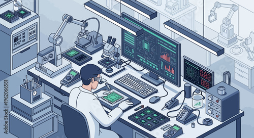A scientist working on computer with laboratory equipment around him in a Technology laboratory setting.