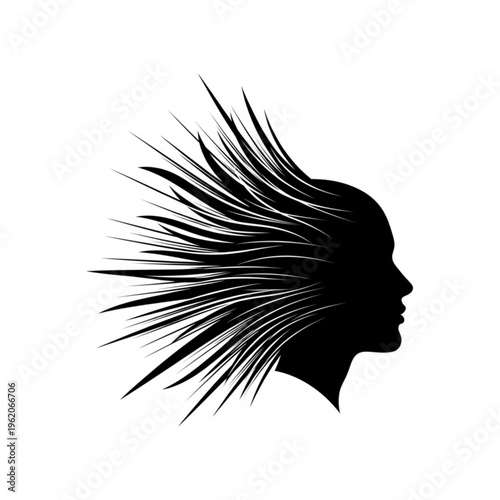 A minimalist black silhouette of a woman's head with spiky hair blowing in the wind, set against a clean white background.