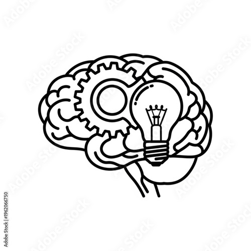 A line art illustration of a brain with a lightbulb and gears, representing ideas and innovation