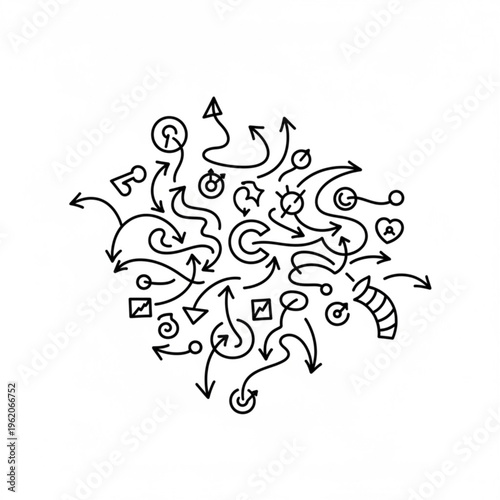 A vector graphic illustration of a complex maze of arrows and symbols on a white background