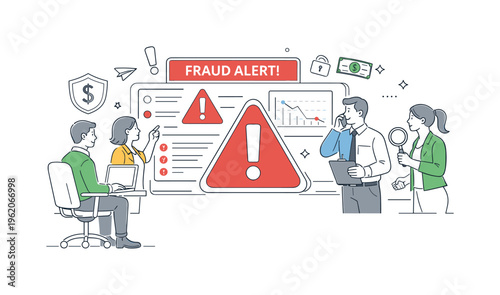A business risk management scene representing fraud warning as an essential alert mechanism in modern systems, where a coordinated team responds to potential threats around two