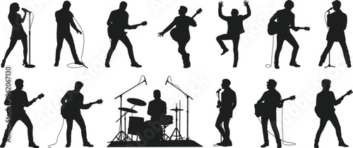 Black silhouette collection of rock band musicians including singers guitarists and drummer performing on stage isolated on white background vector.