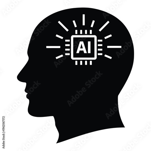 Silhouette of a human head with an AI chip symbol inside, representing artificial intelligence