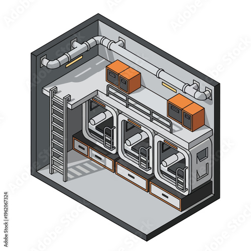 Isometric Illustration of a Survival Shelter with Bunk Beds.