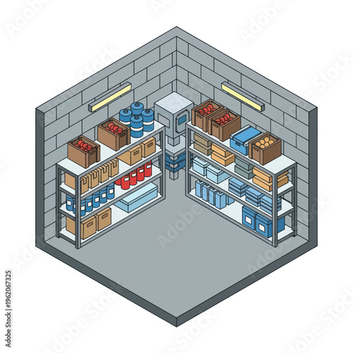 Isometric view of a well-stocked storage room with shelves.