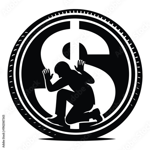 Person kneeling inside a dollar coin symbol, symbolizing debt or financial burden