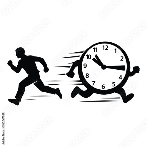 Man running away from a clock with arms and legs, symbolizing time pressure, time management
