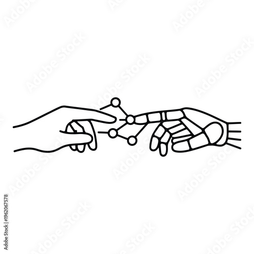 Human hand and robot hand touching with network connection with artificial intelligence