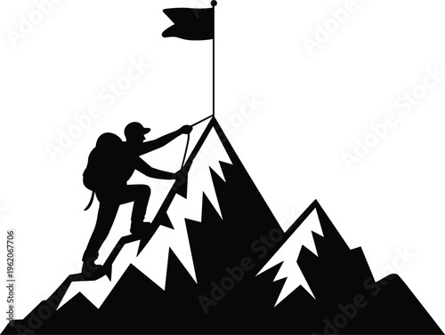 Black silhouette of a hiker with a backpack climbing a steep mountain peak toward a flag representing success and achievement.
