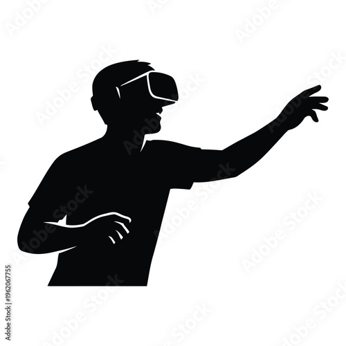 Silhouette of a person wearing vr headset and reaching out, exploring digital world, concept of virtual reality and metav