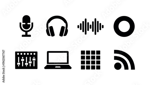 Podcast production: microphone, headphones, audio waveform, recording button, mixing console, laptop, soundproof panel, podcast feed icon.