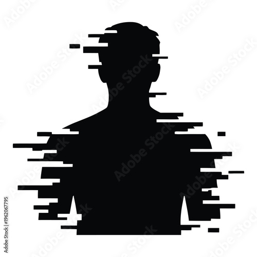 Silhouette of a person with glitch effect, representing digital transformation, data fragmentation, and identity loss