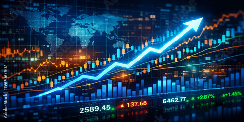 A global financial network displays a digital stock market chart and data graph representing an exchange of information through modern business technology and web design