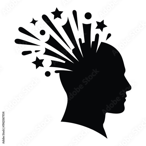 Silhouette of a person's head with a burst of abstract shapes and stars emanating, symbolizing creativity and ideas