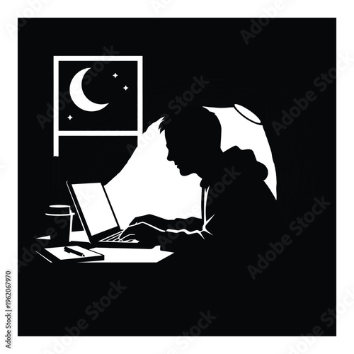 Silhouette of a person working on a laptop at night with desk lamp and moon visible through window