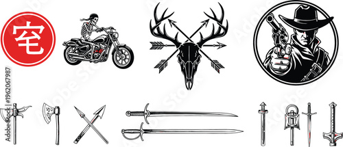Illustration of Western and Samurai Weapons, Motorcycle, and Skull with Arrow