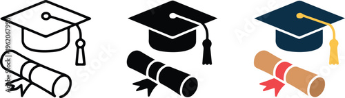 Graduation cap and diploma scroll icons in line art silhouette and flat color styles for education and academic success design.