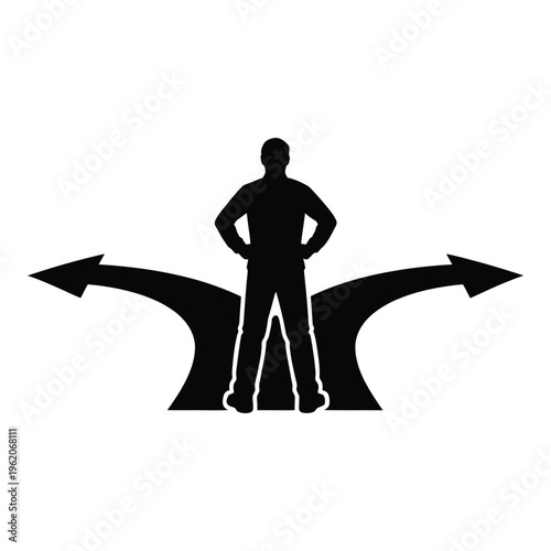 Man standing at a crossroads with three arrows, symbolizing choice, decision, and direction, fork in road