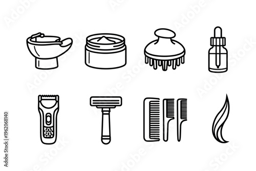Salon hair treatment: wash basin, hair mask jar, scalp tool, dropper bottle, electric trimmer, razor, comb set, hair strand