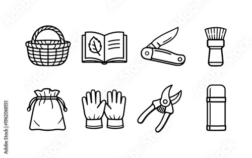 Foraging wild plants kit: wicker basket, field guide book, pocket knife, mushroom brush, plant specimen bag, gloves, pruning shears, thermos bottle