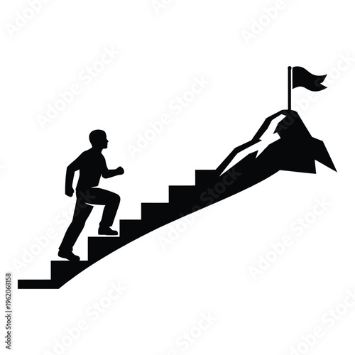 Man climbing stairs towards a mountain top flag, representing success, goals, and ambition, white background