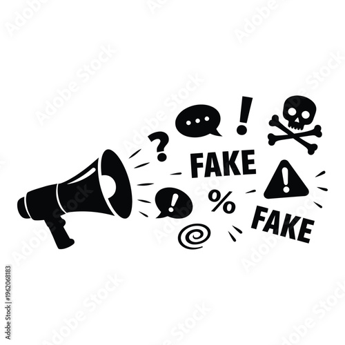 Megaphone spreading fake news and warnings with skull and crossbones icon with speech bubble