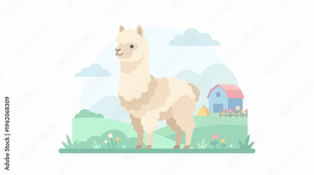 Fototapeta premium Cute Alpaca Standing in a Green Field with a Farm and Barn in the Background