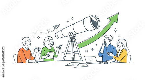 Entrepreneurs clarifying growth vision and organizing long-term opportunity mapping together during a strategic future planning discussion in a startup meeting