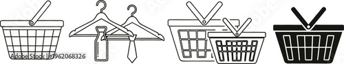 Shopping Basket and Clothing Hanger Icon Set Featuring Cart, Hanger, Tie, and Retail Symbols for E-commerce and Fashion Websites