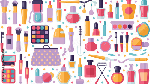 Colorful makeup cosmetics set vector illustration, beauty products collection with brushes, lipstick, perfume, nail polish and accessories in flat cartoon style