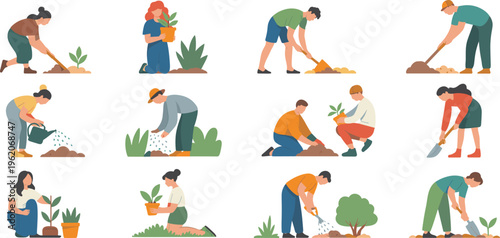 Flat gardening activity illustration set, people planting watering digging soil, eco lifestyle outdoor work, horticulture gardening, urban garden, sustainability concept design